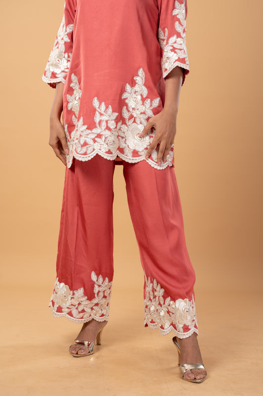 Peach Blossom co-ord Set with White Embroidery