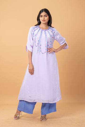 Lilac Embroidered Kurta Set with Contrast Pants