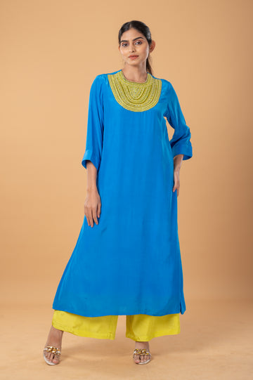 Royal Blue Embroidered Kurta co-ord set with Jewelry Neckline