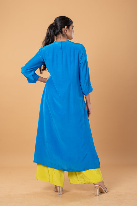 Royal Blue Embroidered Kurta co-ord set with Jewelry Neckline