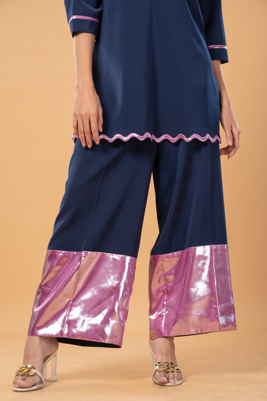 Navy Blue Silk co-ord set with Pink Leather Foil