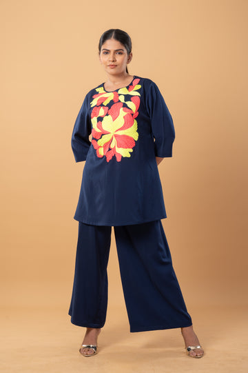 Navy Blue Silk co-ord set with Thread Embroidery