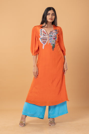 Orange Kurta Set in Butterfly Embroidery with Blue Pants