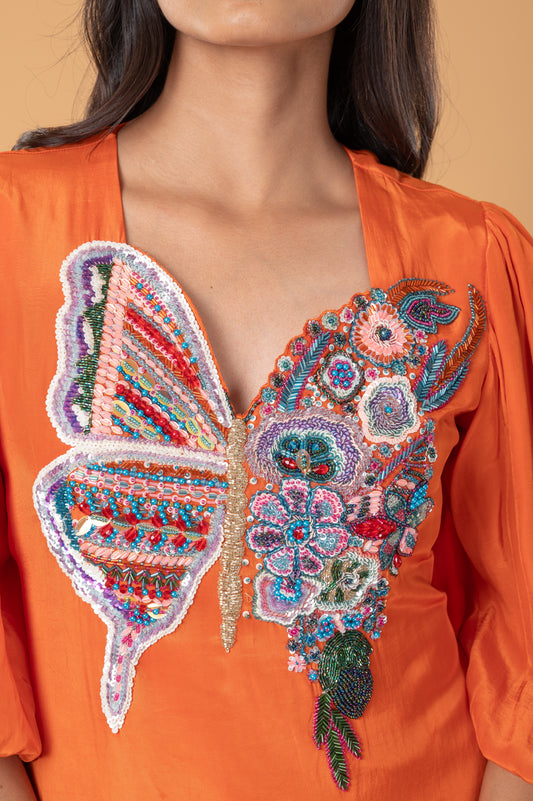 Orange Kurta Set in Butterfly Embroidery with Blue Pants