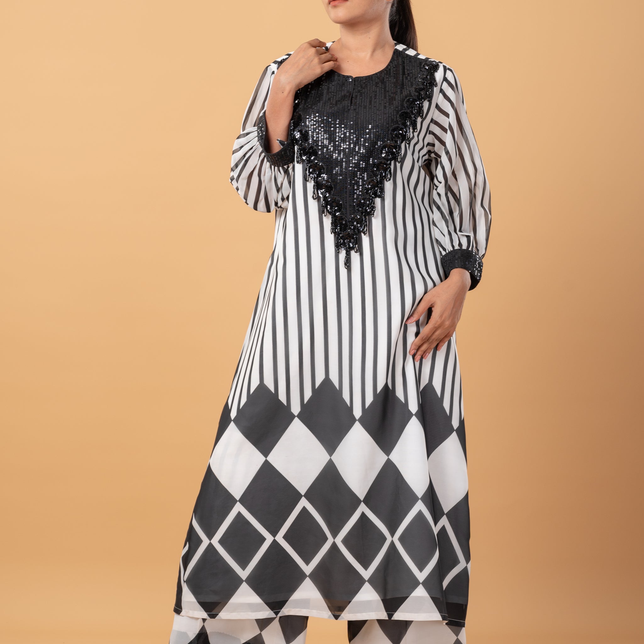 Black Satin Printed Kurta Set with Sequins Embroidery