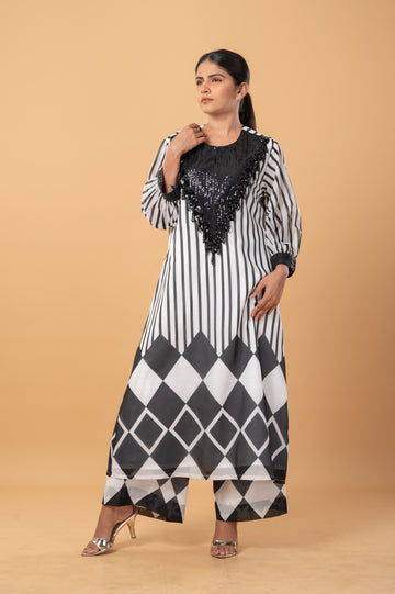 Black Satin Printed Kurta Set with Sequins Embroidery