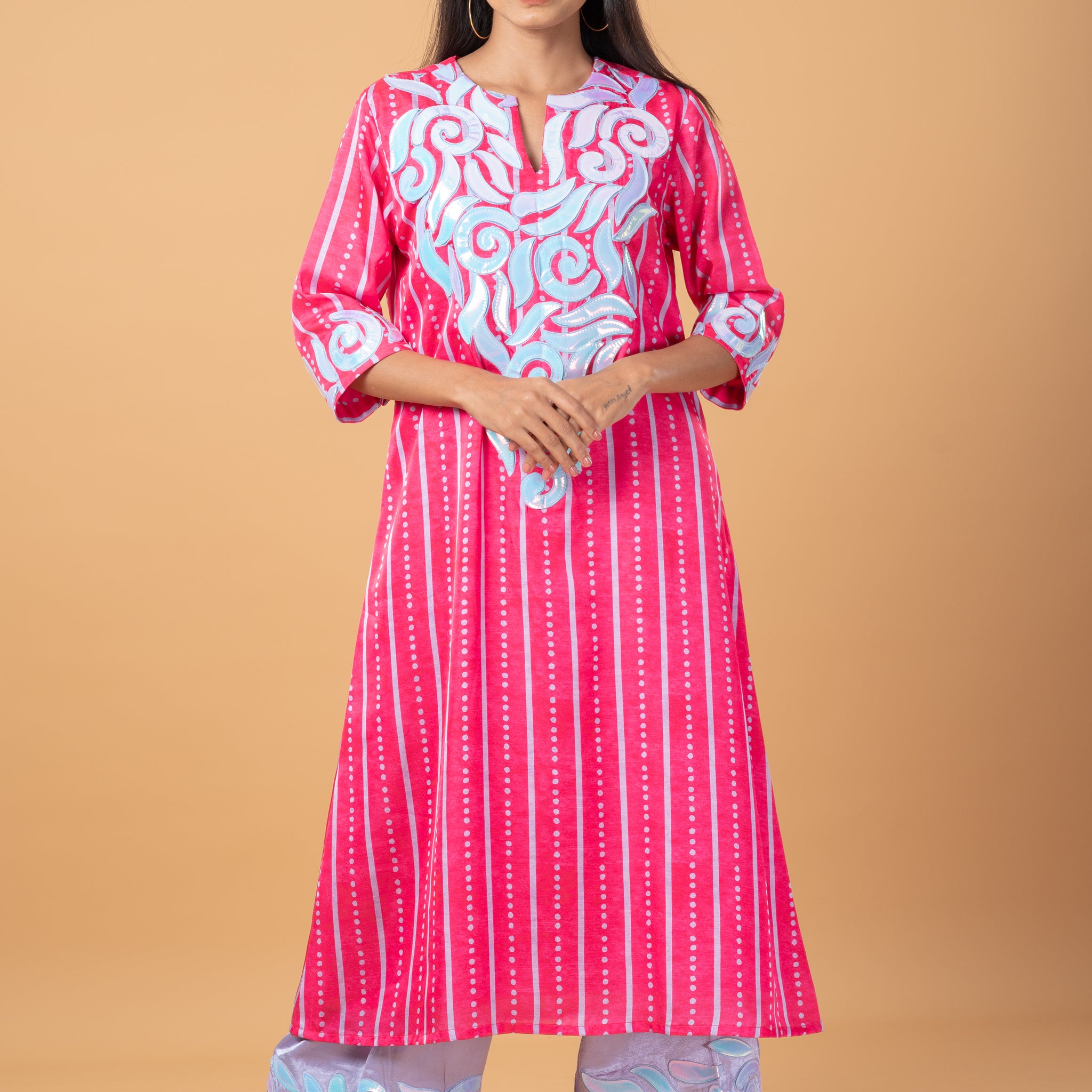 Self-Printed Silk Kurta Set with Foil Embroidery and Contrast Pants