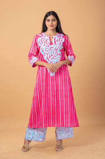 Self-Printed Silk Kurta Set with Foil Embroidery and Contrast Pants