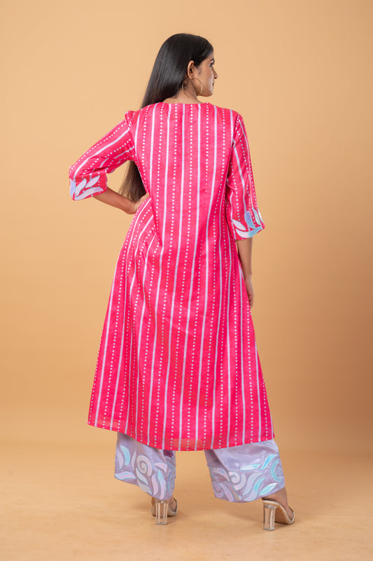 Self-Printed Silk Kurta Set with Foil Embroidery and Contrast Pants