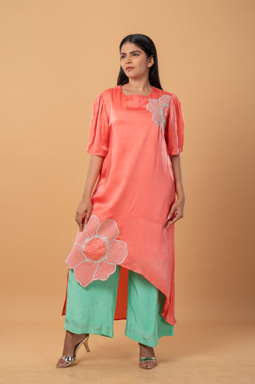 Satin Silk Contrast Kurta Set with 3D Floral Embellishments