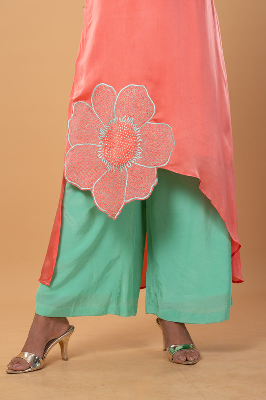 Satin Silk Contrast Kurta Set with 3D Floral Embellishments