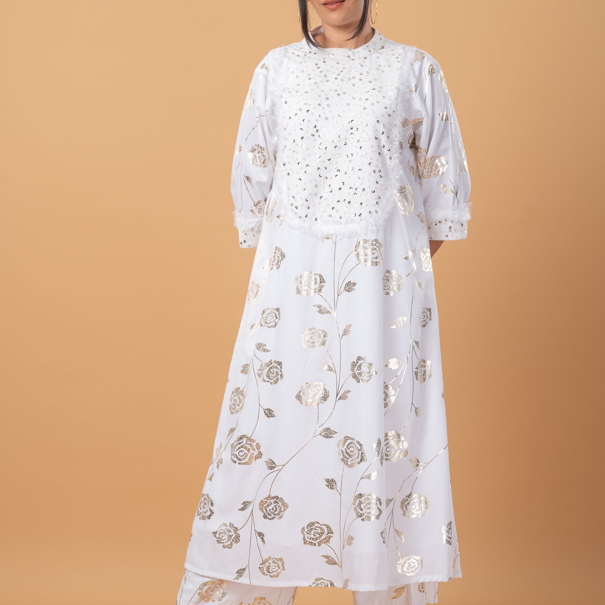 Fur & Sequin Embroidered Kurta Set